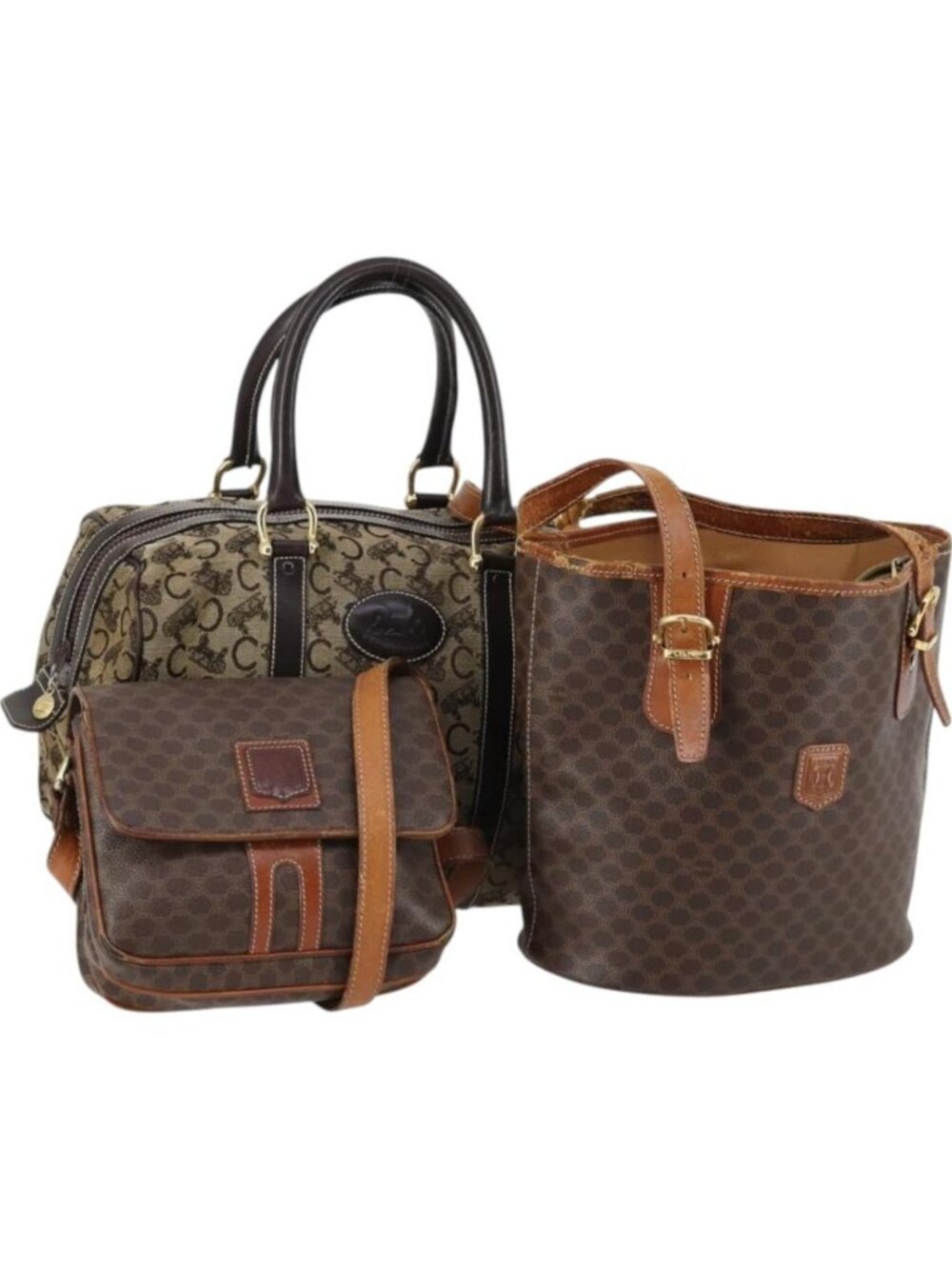 CELINE C Macadam Canvas Shoulder Bag PVC Leather 3 Set Brown Gold